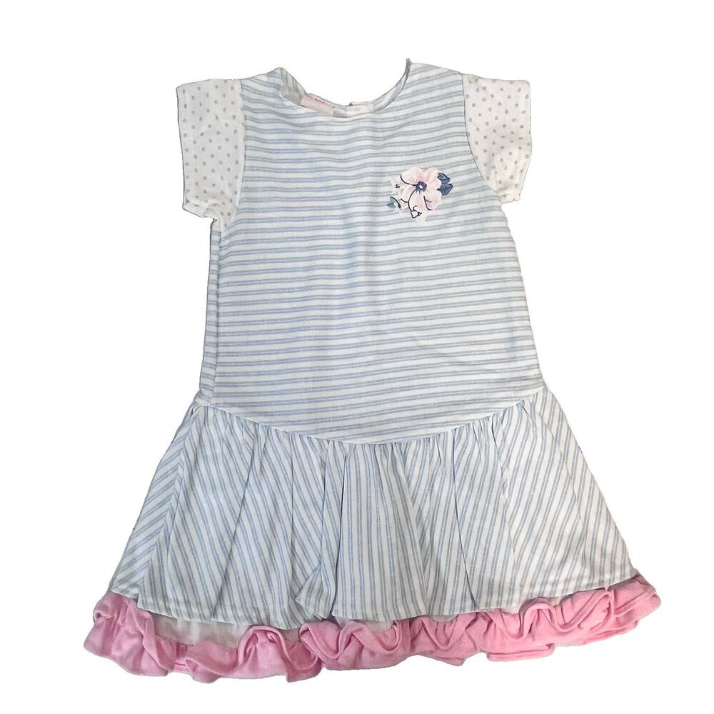 Vintage Carter's Girl's Dress size 3T Blue Pink Stripes Dots Ruffles Stretch